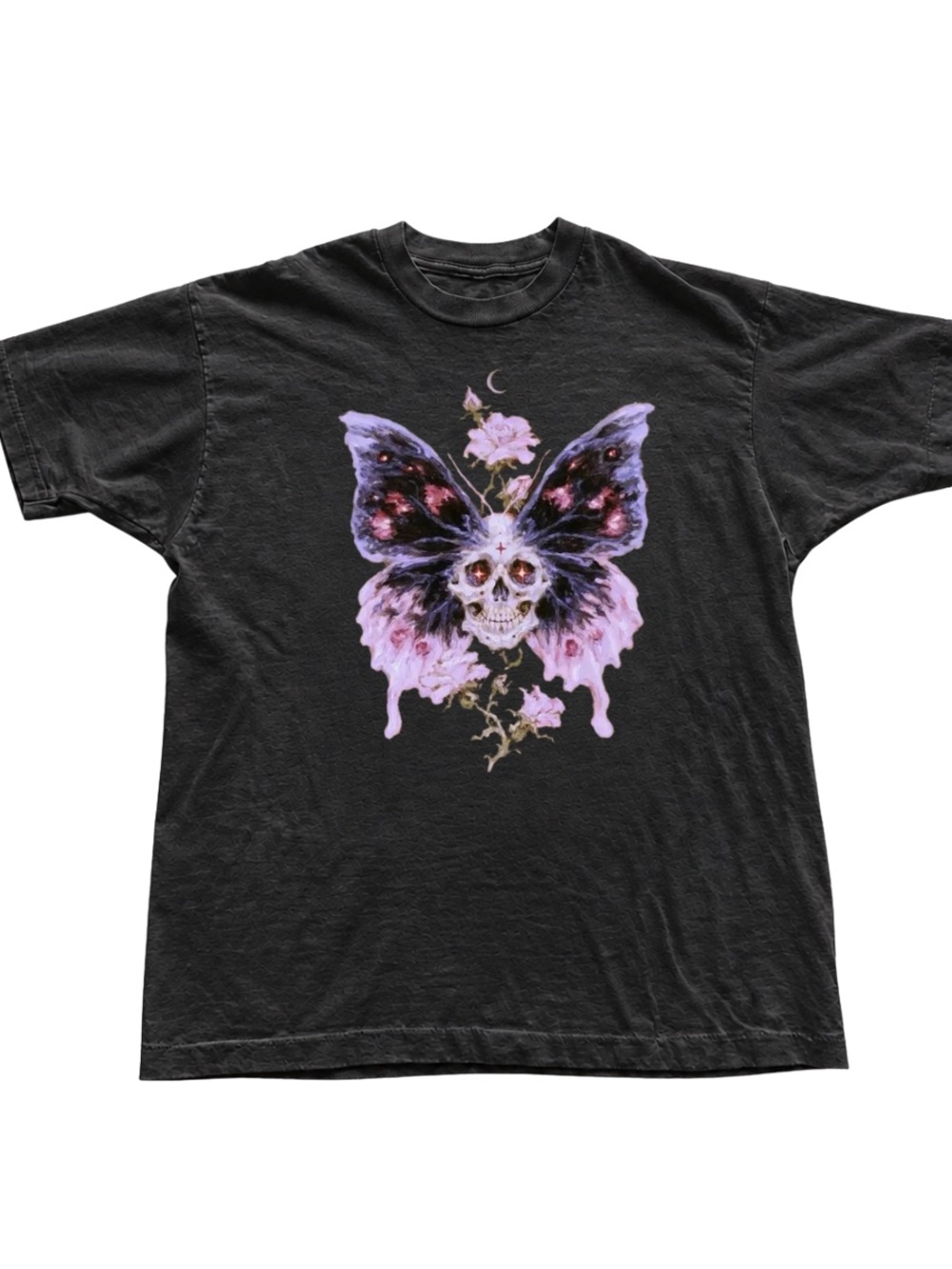 Black Tee with Purple Butterfly Skull Graphic